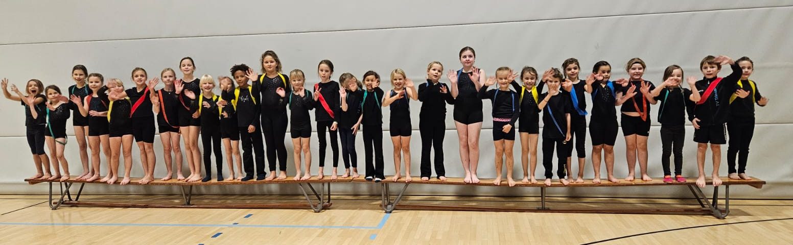 Rund dreissig Kinder stehen winkend nebeneinander auf einer Langbank in der Turnhalle